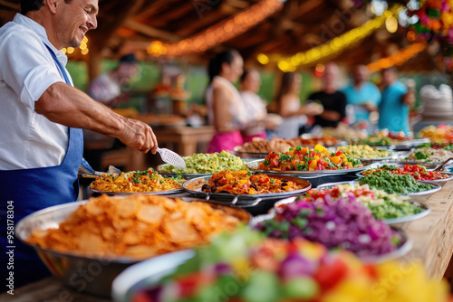 An elaborate buffet table featuring a diverse array of colorful food options, set up outdoors, creating a festive atmosphere perfect for gatherings and celebrations.