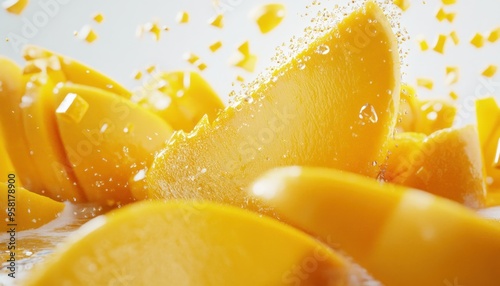 Close-up of a Juicy Mango Slice with Sprinkles of Water photo