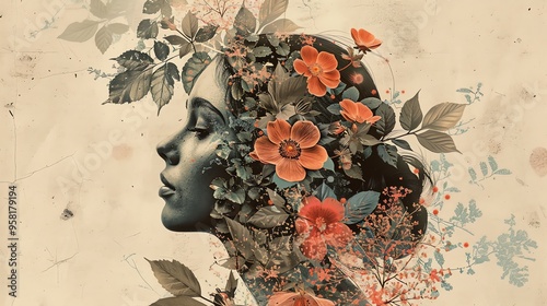 Grunge digital collage illustration with woman face and flowers. AI generated image