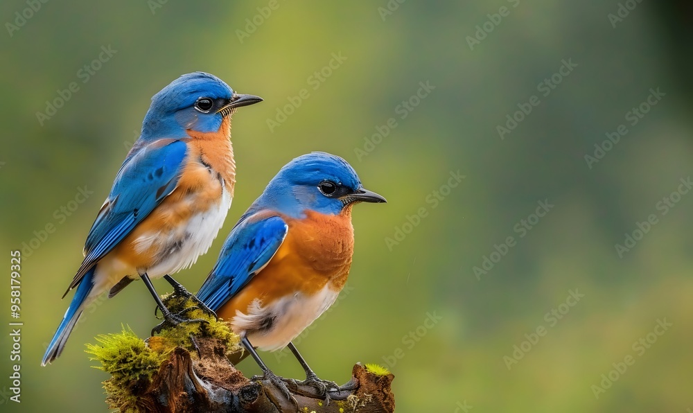 Fototapeta premium Two male bluebirds on perch. 