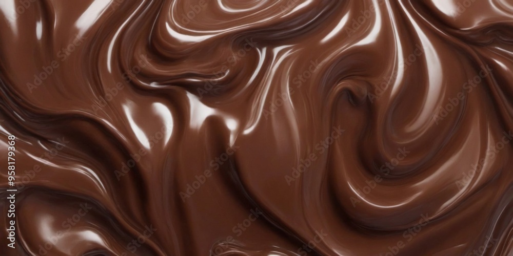 Close-up of rich, glossy dark chocolate swirls with irregular sh Close-up of rich, glossy dark chocolate swirls with irregular sh