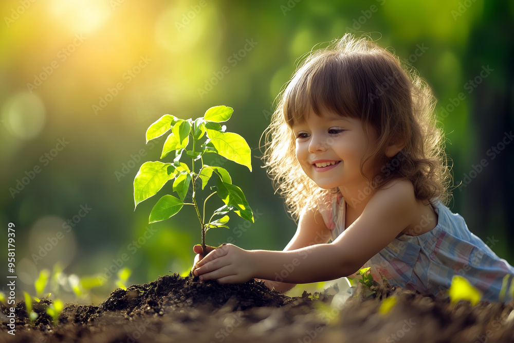 Little Girl Planting a Young Tree in the Sunlit Garden Little Girl Planting a Young Tree in the Sunlit Garden
