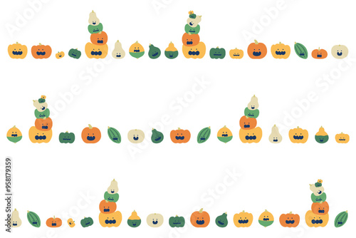 横に並んだハロウィン用カボチャのフラットなイラスト(セット)
