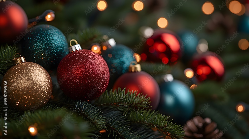 Decorated Branches with Ornaments: Christmas tree branches adorned with colorful ornaments and twinkling lights, highlighting the holiday spirit. Decorated Branches with Ornaments: Christmas tree branches adorned with colorful ornaments and twinkling lights, highlighting the holiday spirit.