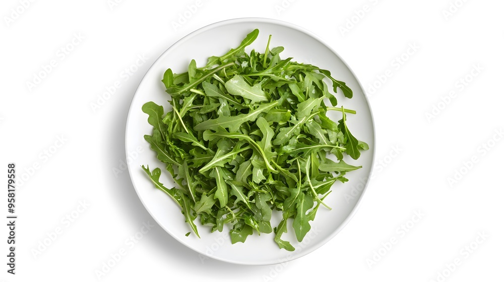Fresh arugula salad on white plate with healthy greens for vegan dishes Fresh arugula salad on white plate with healthy greens for vegan dishes