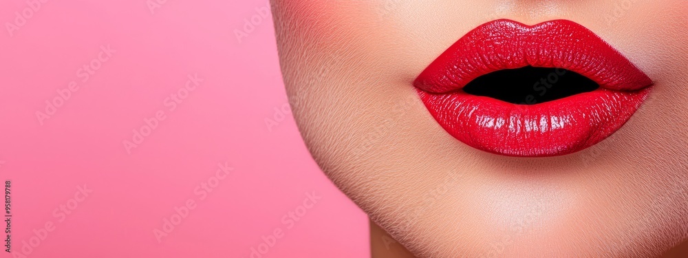 Obraz premium A woman's lips in focus, vividly painted red against a pink backdrop A contrasting black void lies at their heart