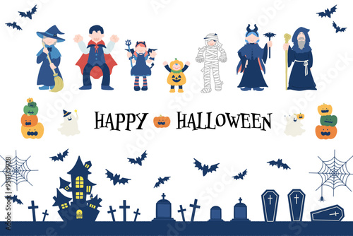 ハロウィンの仮装をした三世代家族とハロウィン背景のフラットなイラスト（セット）
