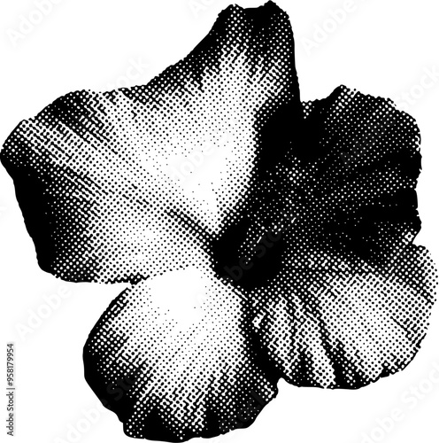 Halftone cut out flower from newspaper. Collage element of paper for poster, stickers, banner. Cutting shapes grunge vintage. Abstract vector