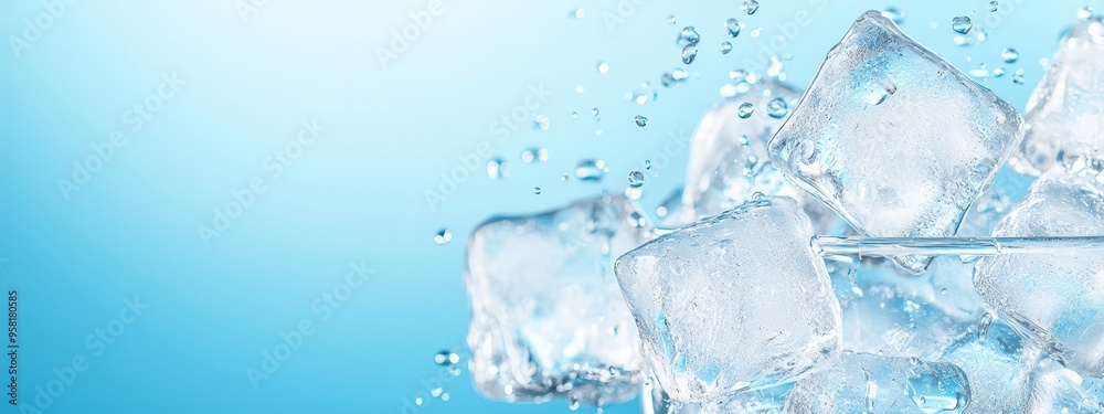 A blue background features a mound of ice cubes, water spilling from them, and a blue sky above A blue background features a mound of ice cubes, water spilling from them, and a blue sky above