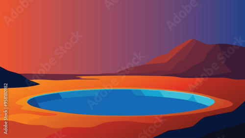 Boiling water lake in the Krafla volcano. Colorful exotic lava ground flat vector illustration.