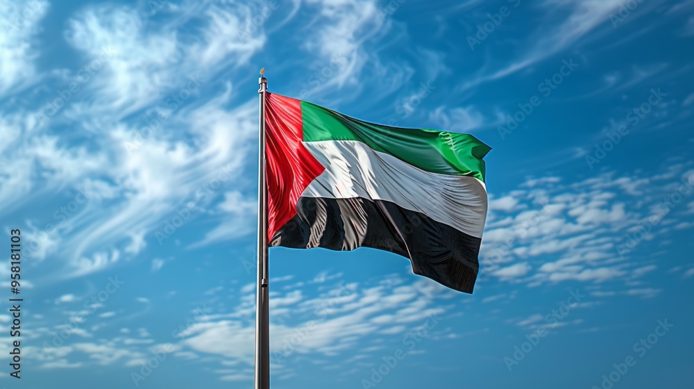A flag of the United Arab Emirates is flying in the sky A flag of the United Arab Emirates is flying in the sky