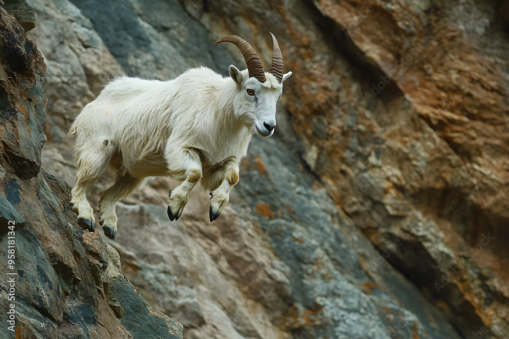 Mountain Goat Leaping Over Rocky Cliff Mountain Goat Leaping Over Rocky Cliff