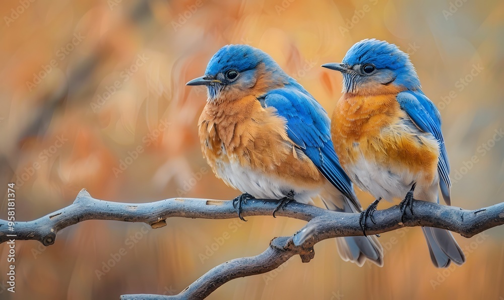 Fototapeta premium Two male bluebirds on perch. 