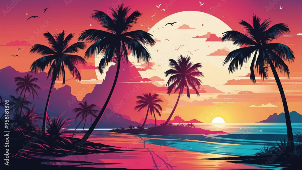 Evening beach scene with palm trees at sunset, silhouettes visible against the colorful sunset sky, offers a picturesque setting for relaxation, 90's style. Evening beach scene with palm trees at sunset, silhouettes visible against the colorful sunset sky, offers a picturesque setting for relaxation, 90's style.