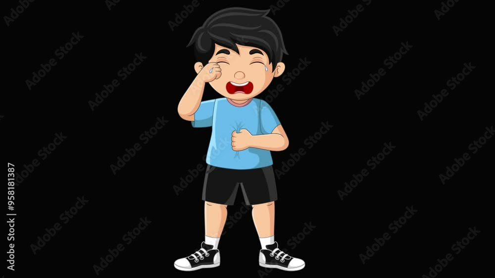 Animated lost child character. Crying boy in public space. Full body flat person on black background Animated lost child character. Crying boy in public space. Full body flat person on black background