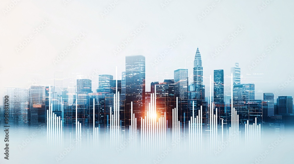 Abstract view of a city skyline influenced by economic policy changes, represented by digital overlays of economic data Abstract view of a city skyline influenced by economic policy changes, represented by digital overlays of economic data