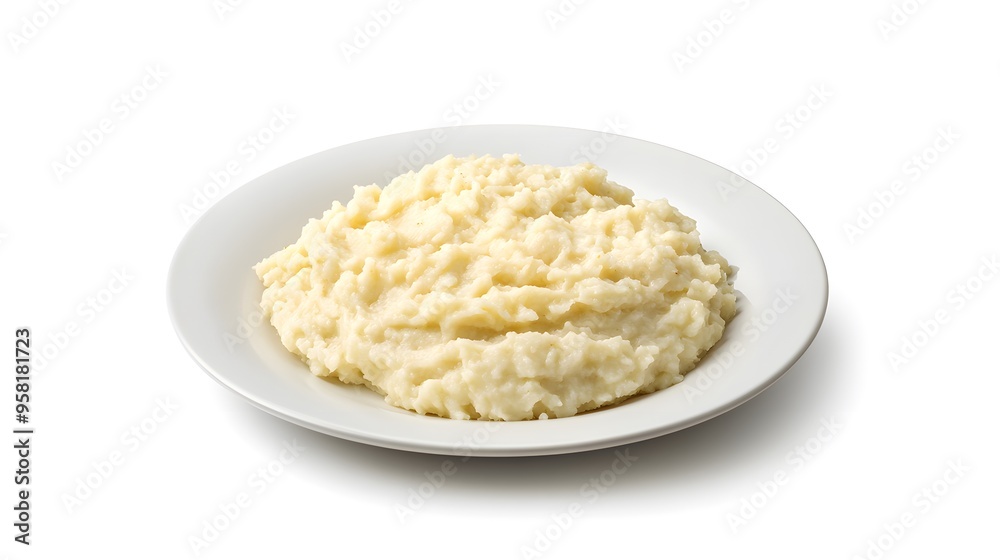 Creamy mashed potatoes on white plate against minimalist background Creamy mashed potatoes on white plate against minimalist background