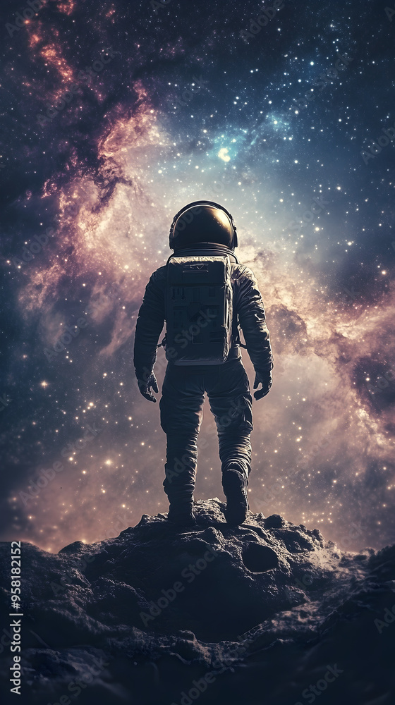 An astronaut standing on a tiny, barren moon, looking at the galaxy.
An astronaut standing on a tiny, barren moon, looking at the galaxy.