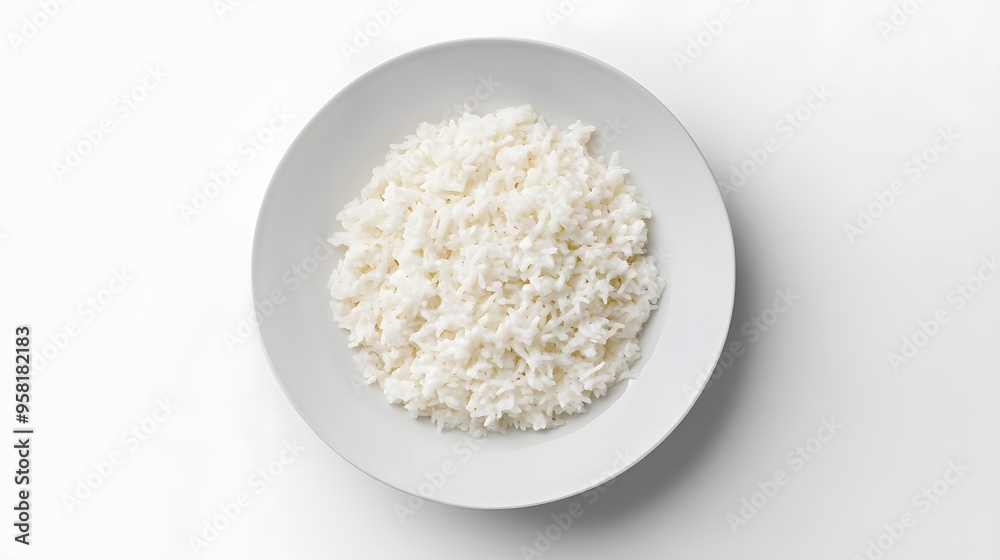 Bowl of fluffy white rice on a minimalist white background Bowl of fluffy white rice on a minimalist white background