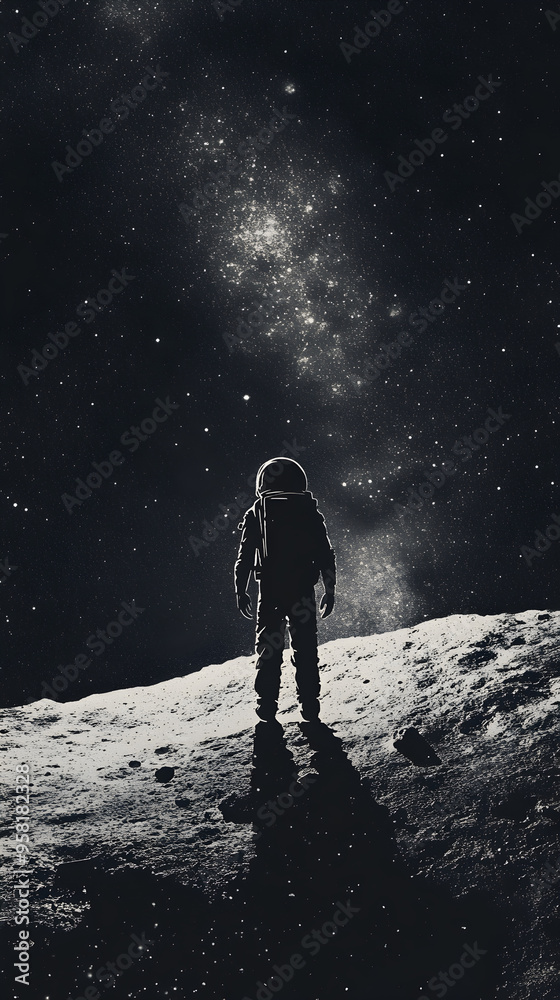 An outline of an astronaut standing on a barren moon, with a distant galaxy visible in the sky.
An outline of an astronaut standing on a barren moon, with a distant galaxy visible in the sky.