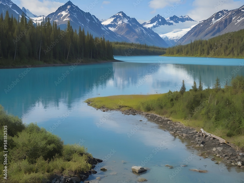 Fototapeta premium Snowy mountains of Alaska in the light of day, AI generated