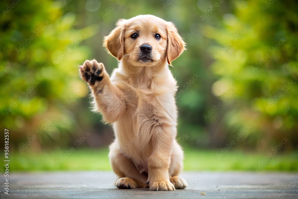 a photo image of a curious golden retriever puppy standing on its hind legs, its front paws raised, dew claws clearly visible a photo image of a curious golden retriever puppy standing on its hind legs, its front paws raised, dew claws clearly visible