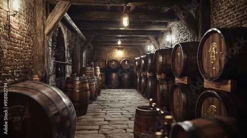 A rustic cellar filled with wooden barrels, showcasing a vintage atmosphere and rich textured walls, perfect for a historical theme. photo