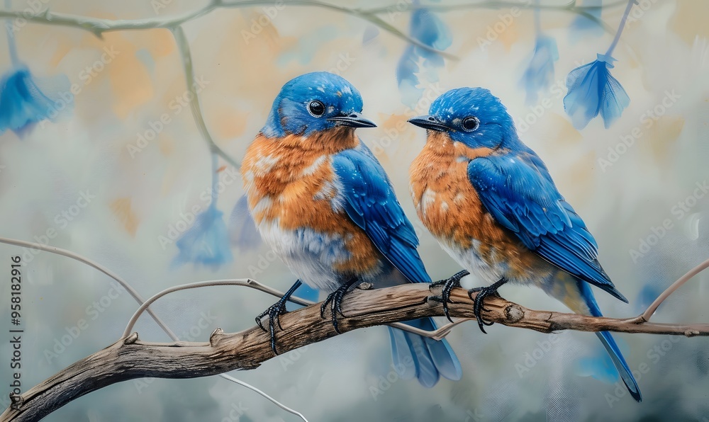 Fototapeta premium Two male bluebirds on perch. 