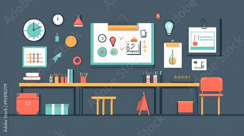 Flat design of a classroom poster with educational icons for different subjects