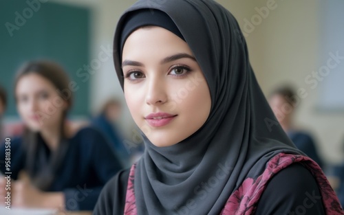 Young woman in black hijab smiling confidently in classroom with photo