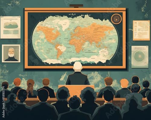 World Map Illustration with Teacher and Students in Classroom photo