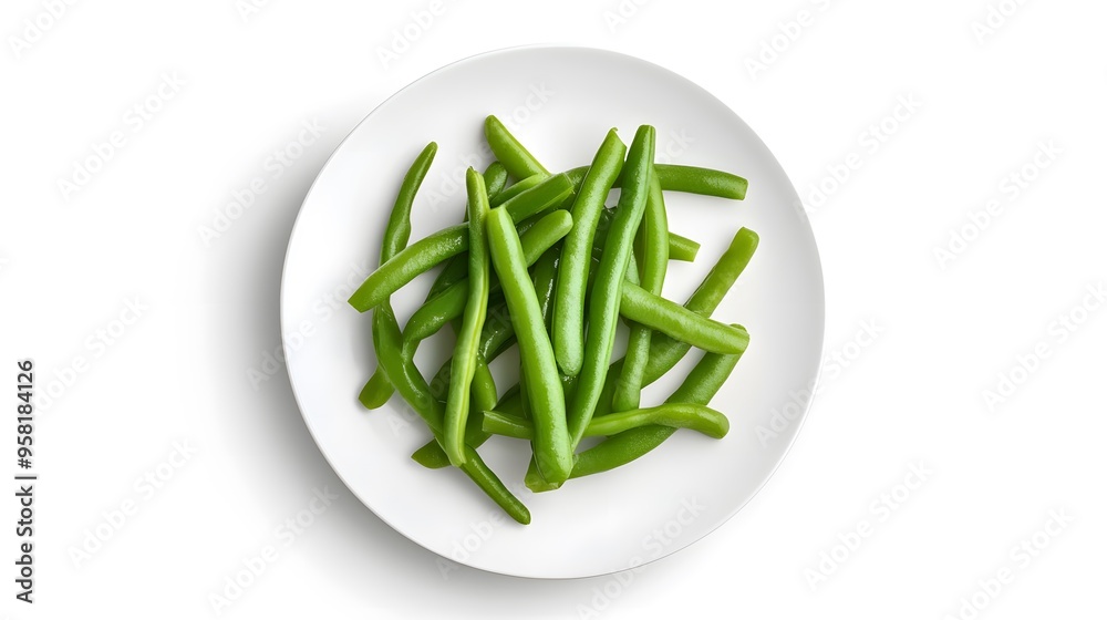 Fresh green beans on white plate isolated against a soft white background Fresh green beans on white plate isolated against a soft white background