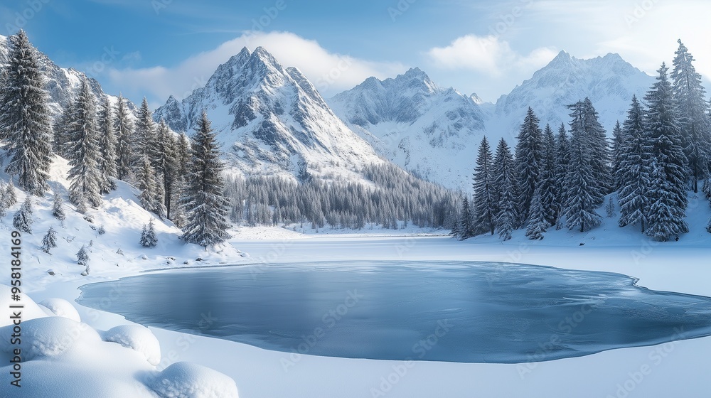 Snow-kissed peaks rise majestically against a winter sky, creating a breathtaking mountain landscape Snow-kissed peaks rise majestically against a winter sky, creating a breathtaking mountain landscape