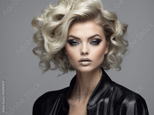 stylish blonde portrait , stylish makeup , studio photo luxury image