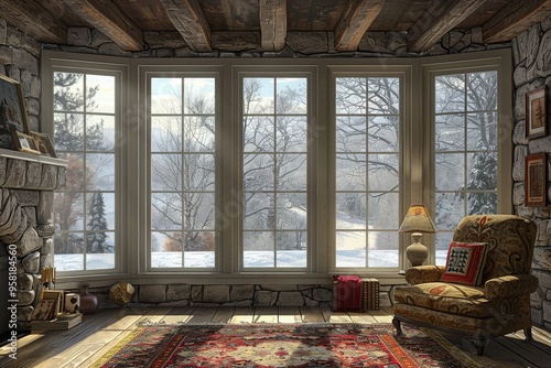 Cozy living room with frosted window view, snowy landscape, three beige framed windows, depth perspective, stone walls, wooden beams, vintage armchair, colorful rug, designer lamps, decorative vases
