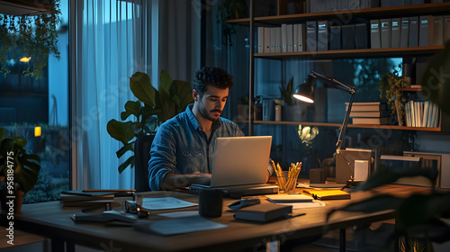 Man Working Late at Night on Laptop in Home Office