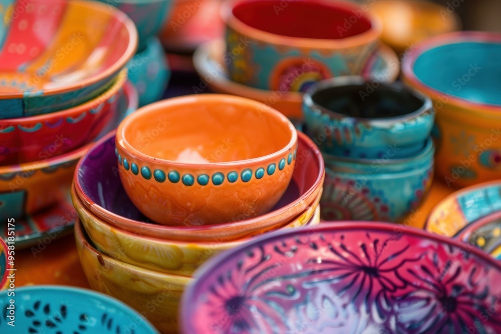 Many colorful ceramic bowls and plates are standing on a wooden table at a crafts market Many colorful ceramic bowls and plates are standing on a wooden table at a crafts market
