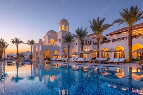Pool area of the Shangri La Al Ing , with many umbrellas and sunbeds around it, palm trees in front of an old white building. Sharm el-Sheikh at sunset, clear sky, warm lights from lamps 