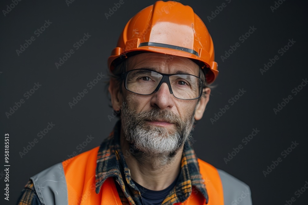 man worker in helmet and vest on gray background, labor day, closeup of engineer, foreman, builder man worker in helmet and vest on gray background, labor day, closeup of engineer, foreman, builder