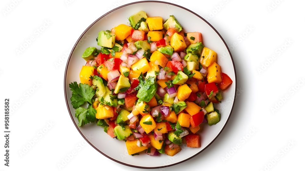Fresh mango avocado salsa with tomato, onion, and cilantro on a plate Fresh mango avocado salsa with tomato, onion, and cilantro on a plate