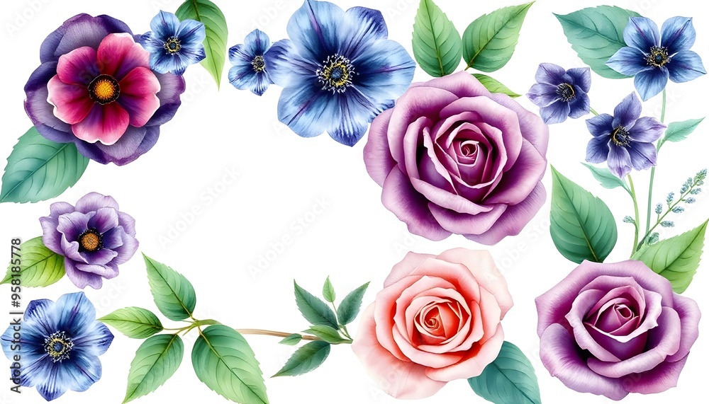A bouquet of blue and purple flowers with green leaves on a white background A bouquet of blue and purple flowers with green leaves on a white background