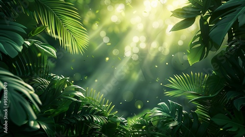 Lush Green Tropical Foliage with Sunlight Filtering Through