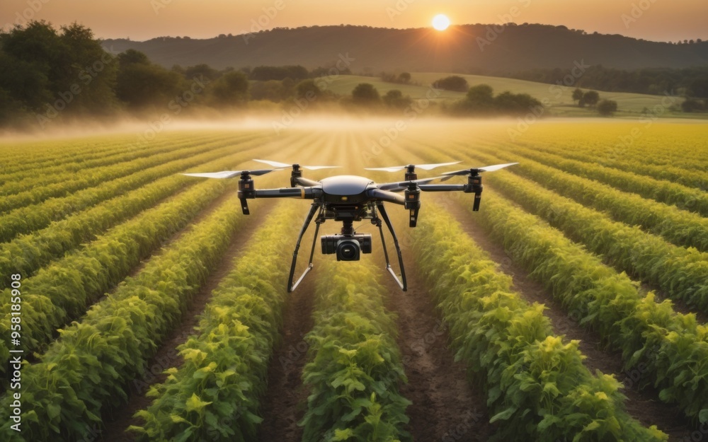 Drone Flying Over Agricultural Field at Sunset with Camera, Gree Drone Flying Over Agricultural Field at Sunset with Camera, Gree