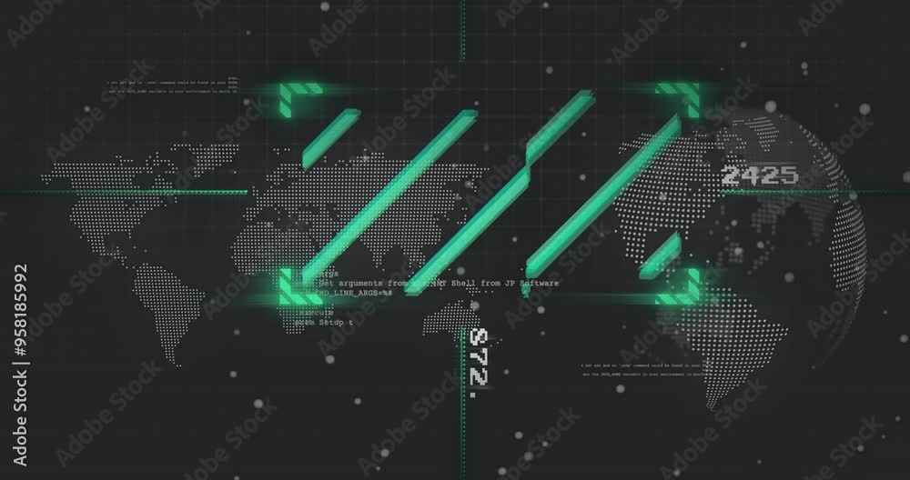 Digital world map and data processing animation over green bars and numbers Digital world map and data processing animation over green bars and numbers