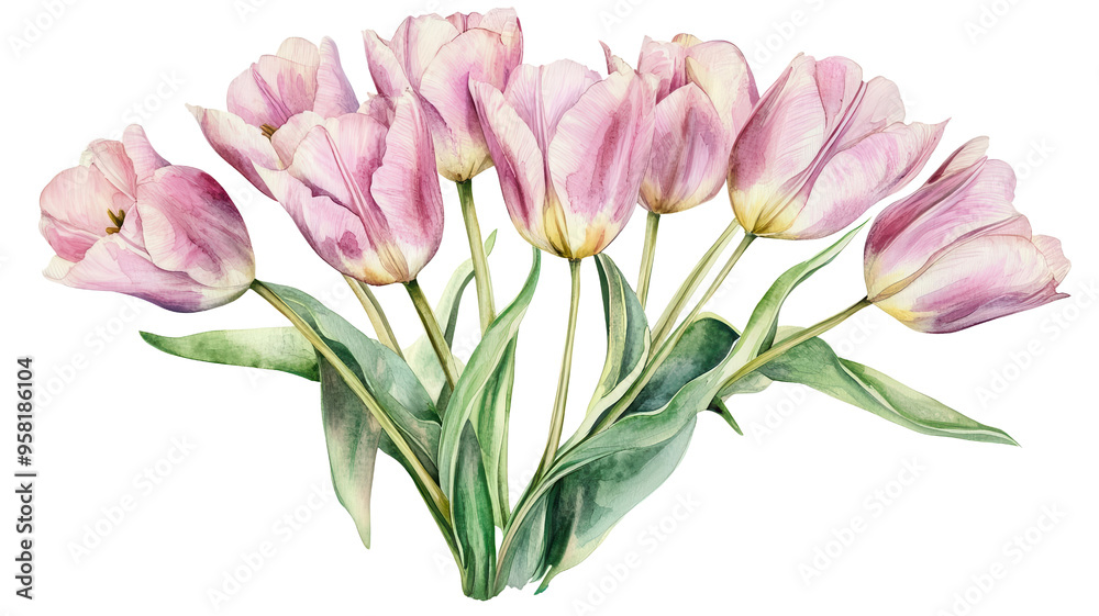 Beautiful watercolor illustration of pink tulips with green leaves on white background, perfect for spring-themed designs and floral art. Beautiful watercolor illustration of pink tulips with green leaves on white background, perfect for spring-themed designs and floral art.