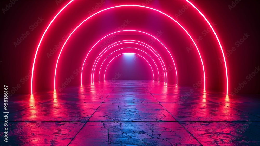 Neon Pink Arches Leading to Blue Light in a Dark Room Neon Pink Arches Leading to Blue Light in a Dark Room