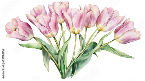 Beautiful watercolor illustration of pink tulips with green leaves on white background, perfect for spring-themed designs and floral art.