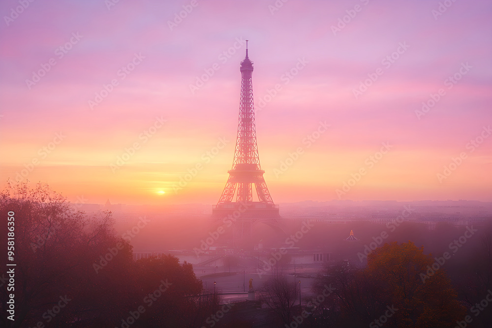 Fototapeta premium Eiffel Tower Sunrise in Paris with Fog