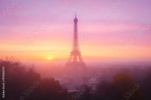 Eiffel Tower Sunrise in Paris with Fog