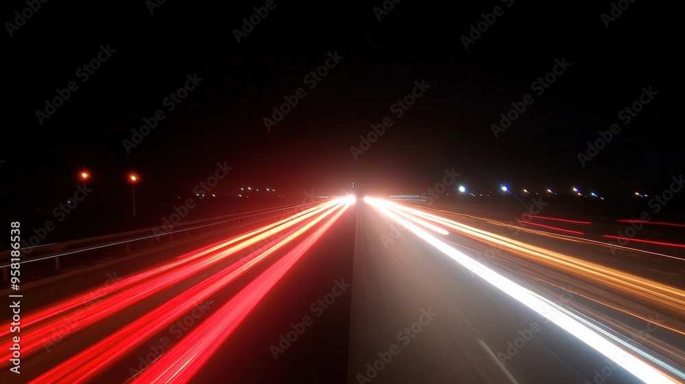 Obraz premium A dynamic night scene showcasing light trails from vehicles on a highway, capturing the essence of urban nightlife.